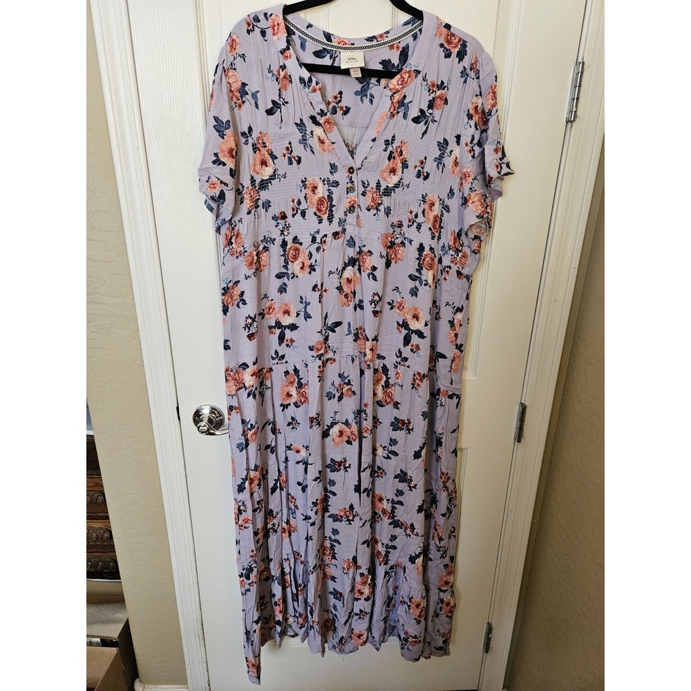 Knox Rose Floral Print Short Sleeve Tiered V-Neck Smocked Maxi Dress, Plus XXL